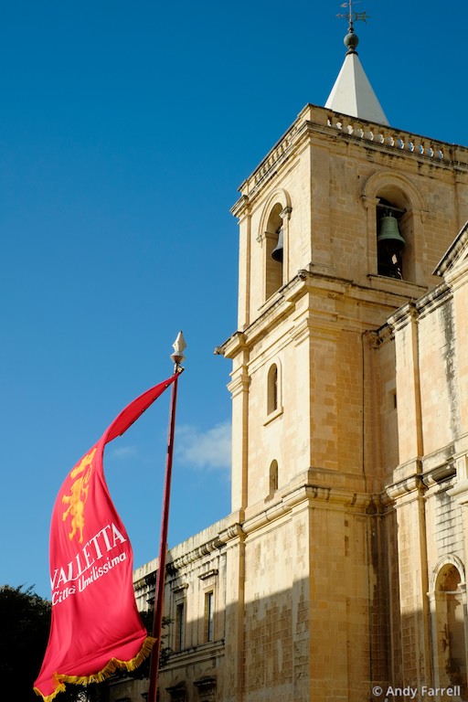 banner outside St. John’s Co-Cathedral, Valletta