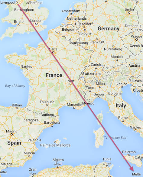 map: Liverpool to Malta