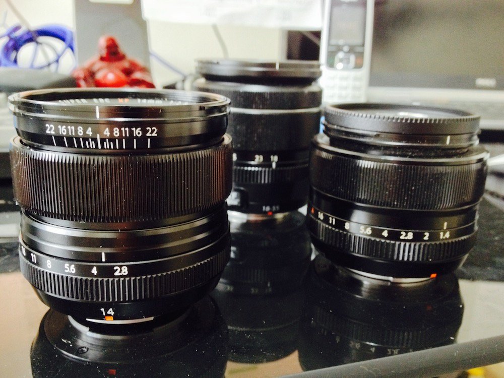 Fuji lenses: 14mm, 35mm f/1.4, 18 – 55mm
