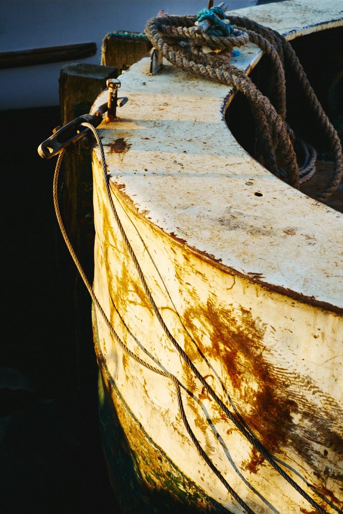 evening sunlit bow of a boat