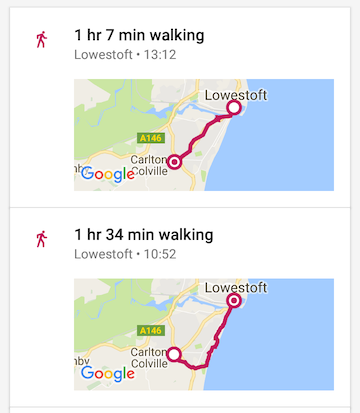 Lowestoft and back again, walking route map