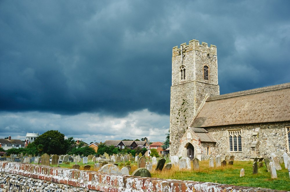 Pakefield church against a dark sky