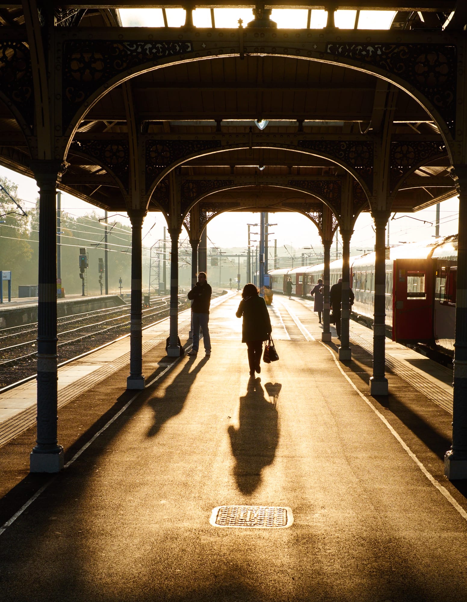Norwich station platform, backlit