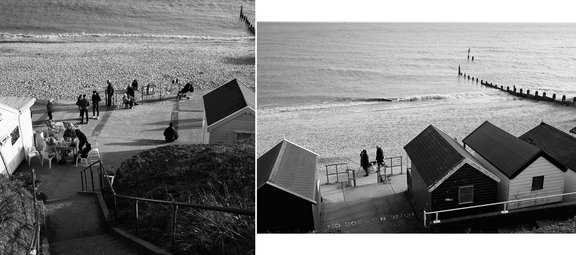 steps down to seafront cafe / looking down on seafront beach huts