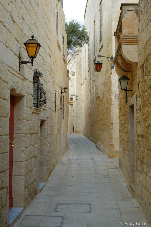 lamps along narrow streets of Mdina