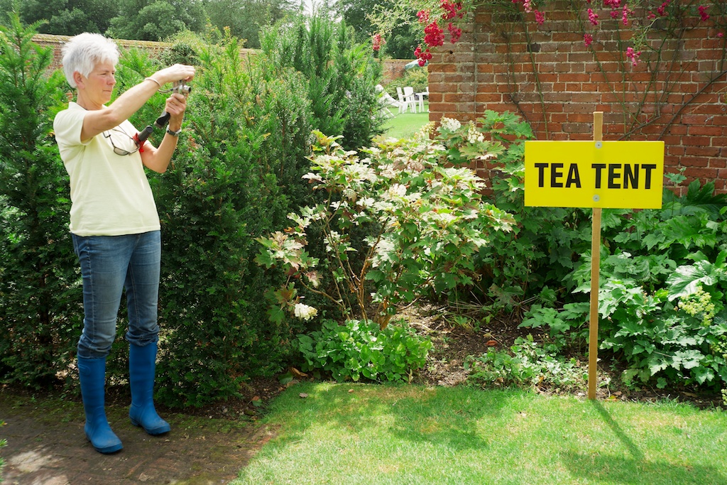 Lady photographing by a Tea Tent sign