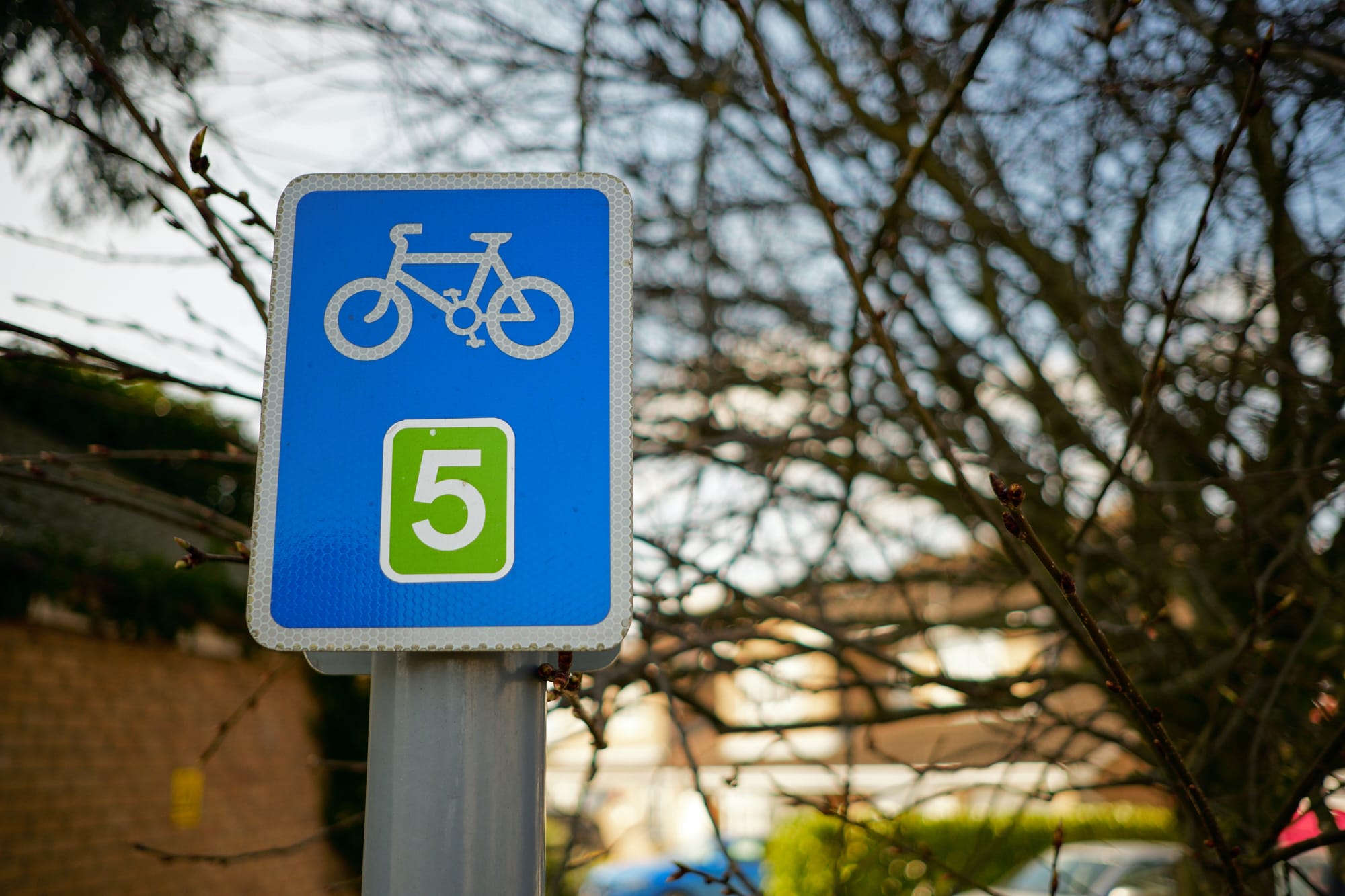 cycle path sign against out of focus tree branches