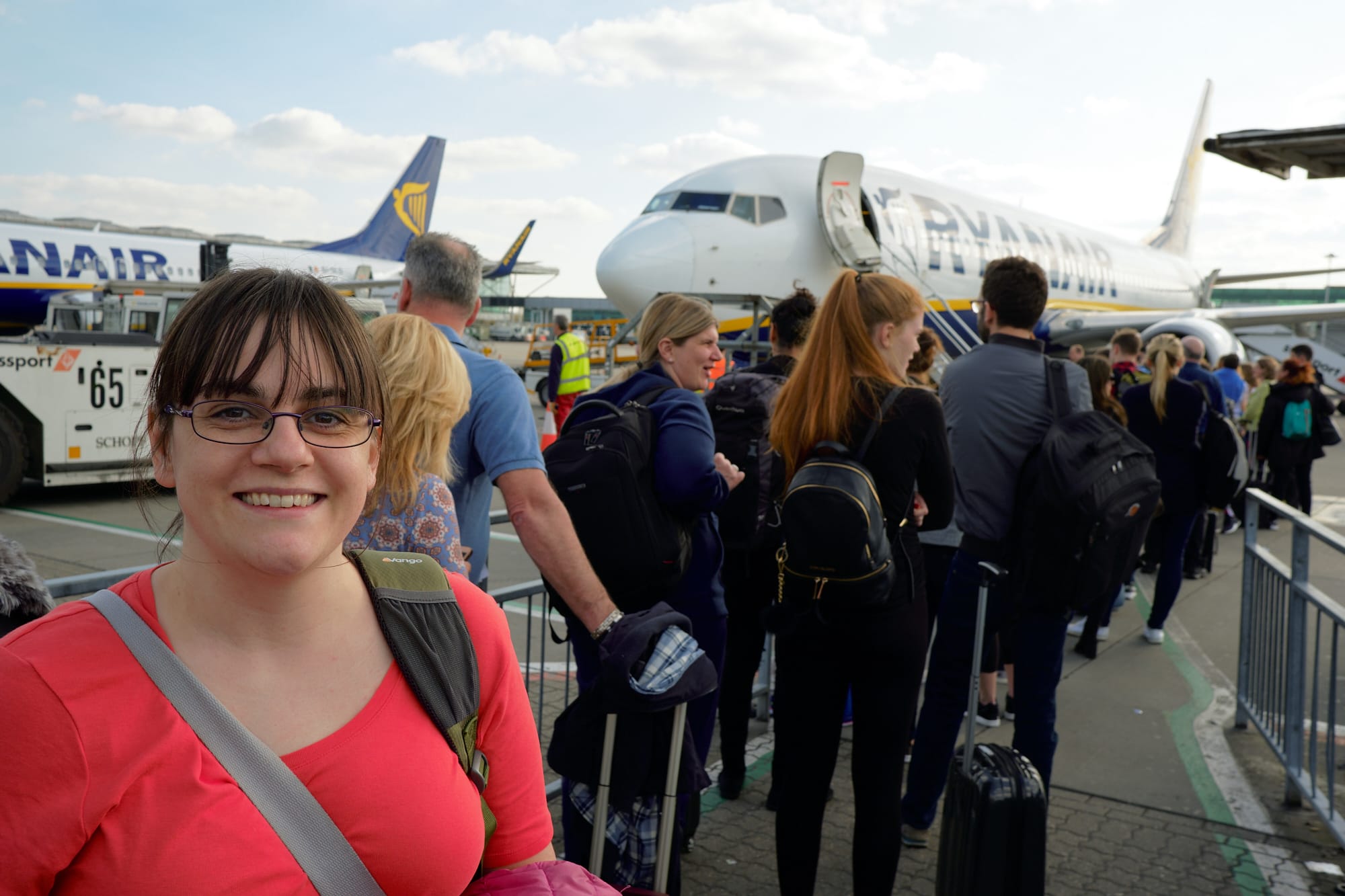 Zoe in the queue to board the plane