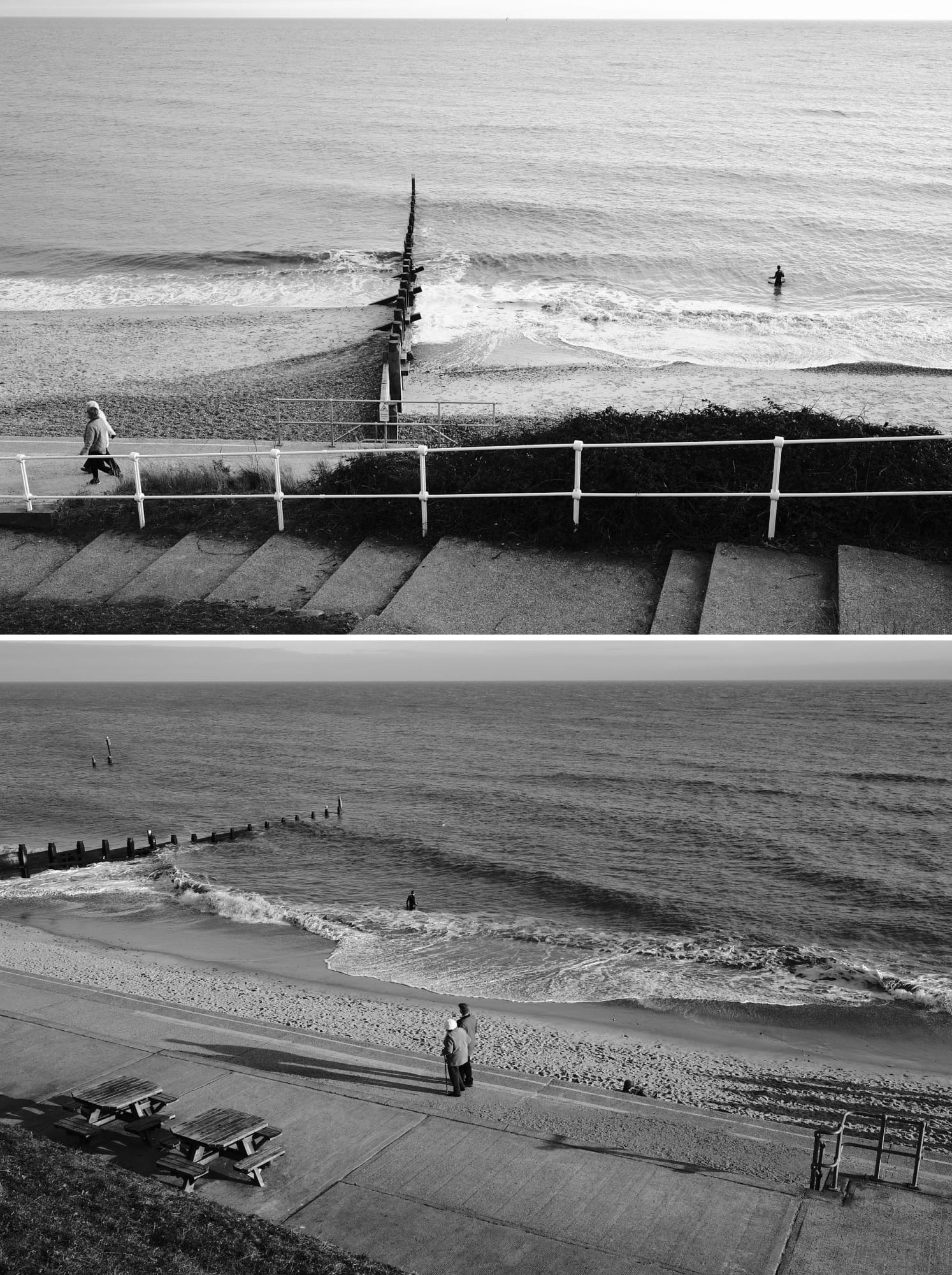 surfer and couple on the seafront / various people on the seafront