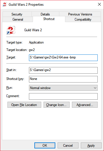 Guild Wars 2 shortcut properties