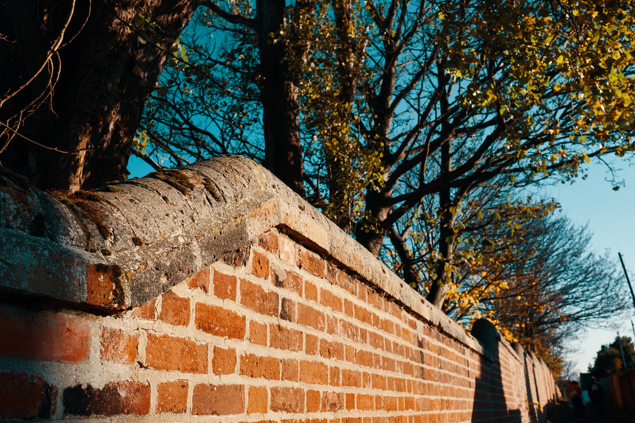 orange brick wall against a teal sky