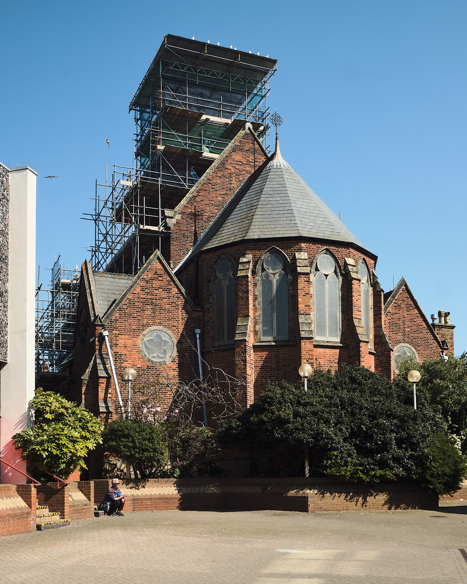 Lowestoft church with scaffolding over the roof