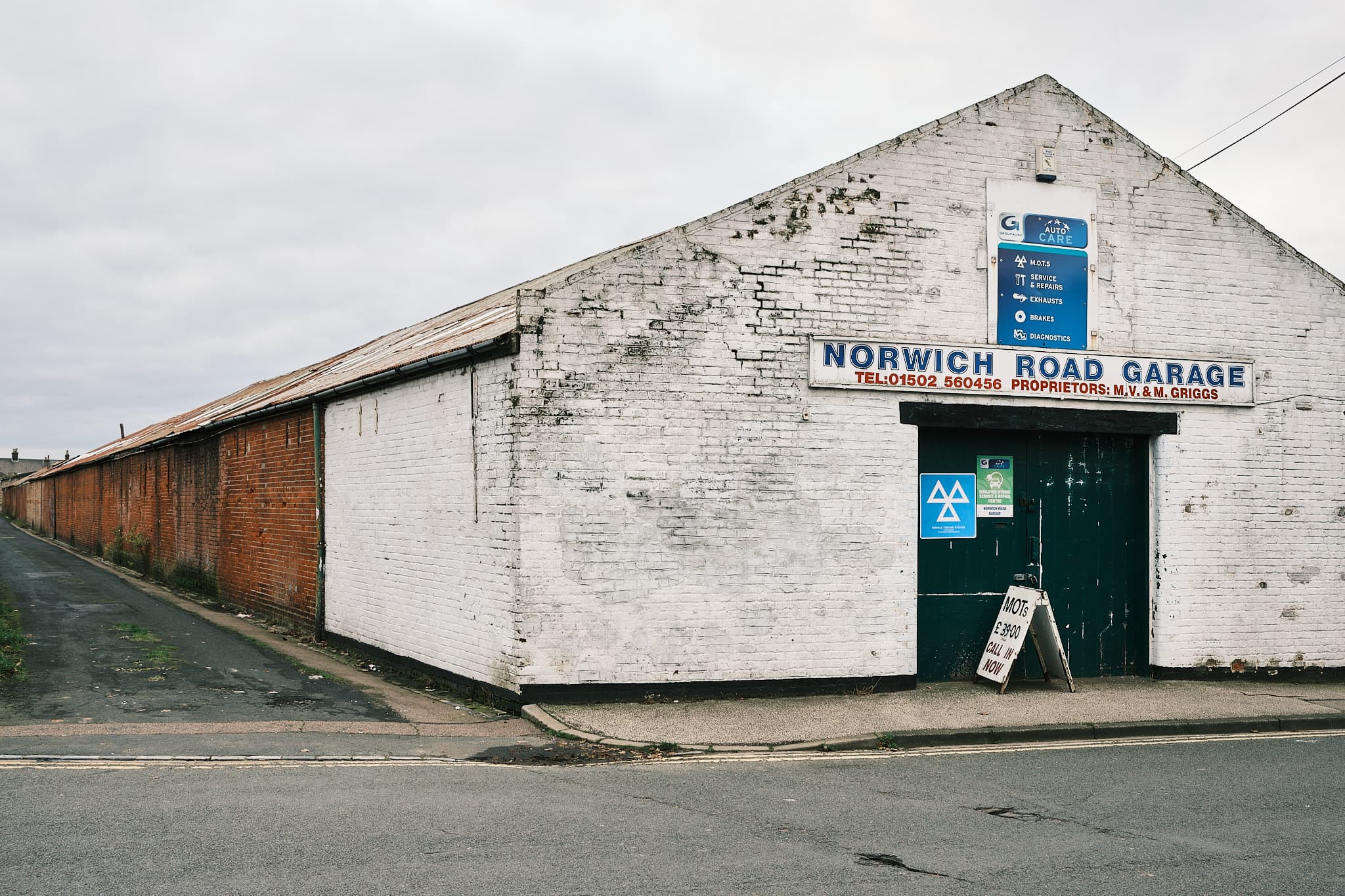 the front of Norwich Road Garage on an overcast day