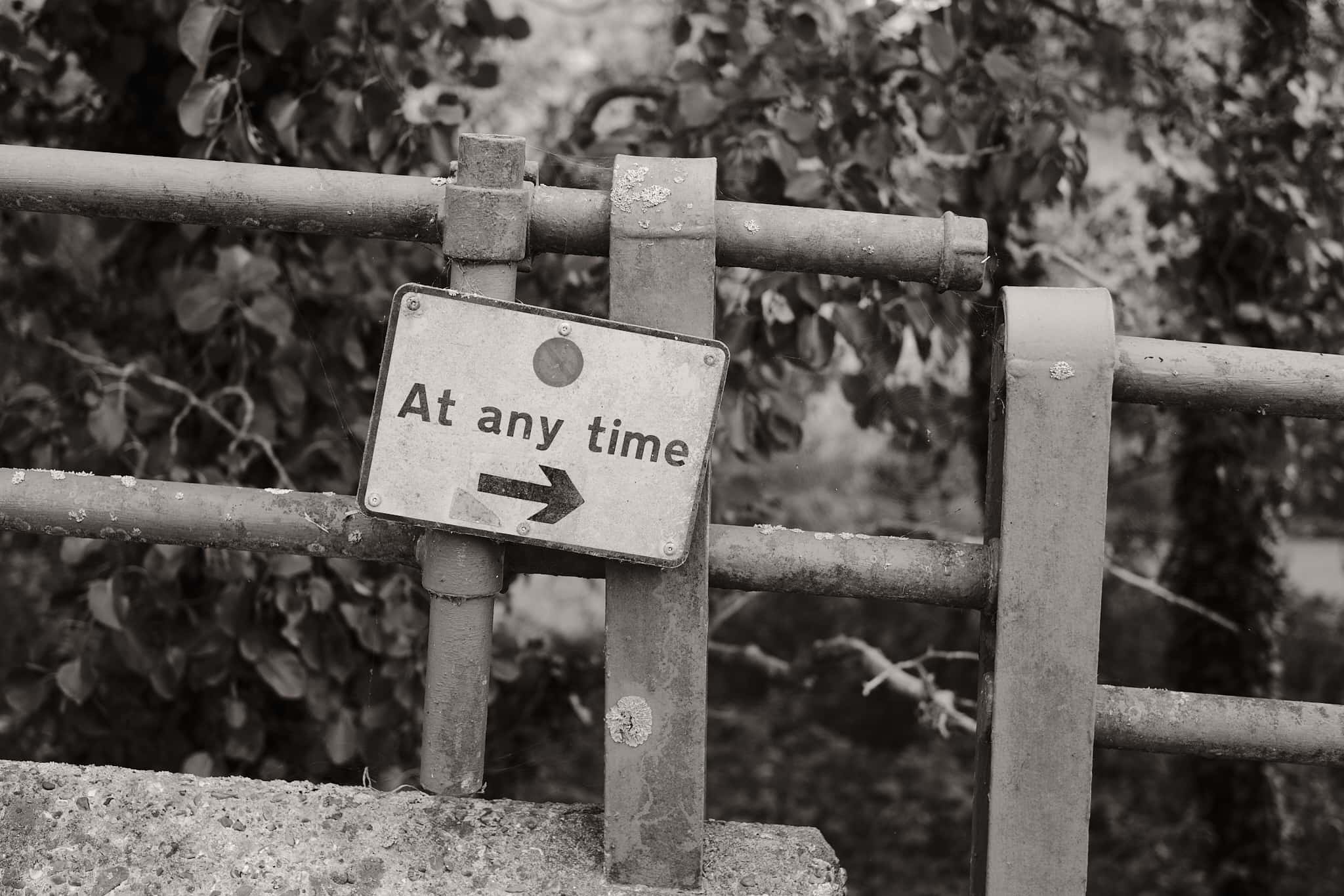 sign attached to a railing that says no parking at any time